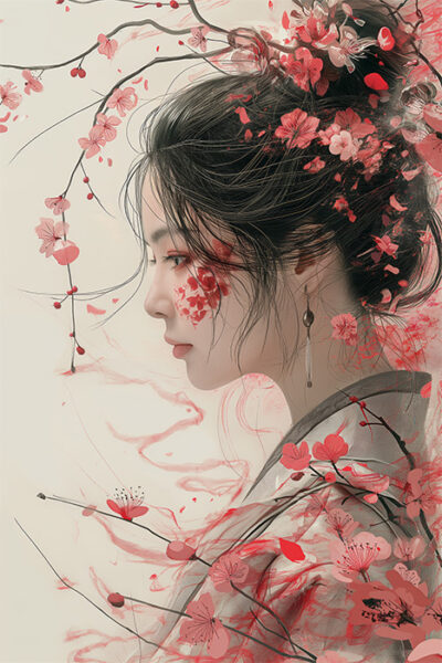 A woman in profile with flowers and branches intertwined in her hair and face, featuring cherry blossom motifs and a serene expression—an exquisite Oriental Girl Artwork. Fantasy art poster available in A1 to A4 sizes.
