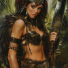 An Amazonian warrior in elaborate attire with feathers and leather armour stands in a jungle, holding a large ornate sword and wearing a helmet with red plumes. Fantasy art poster available in A1 to A4 sizes.