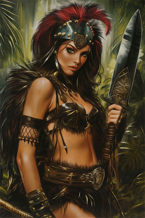 product-image-2-3 An Amazonian warrior in elaborate attire with feathers and leather armour stands in a jungle, holding a large ornate sword and wearing a helmet with red plumes. Fantasy art poster available in A1 to A4 sizes.