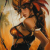 An Amazonian Warrior with long red hair, wearing a feathered headdress and warrior outfit, holds a bow in a field of tall grass under a golden sky. Fantasy art poster available in A1 to A4 sizes.