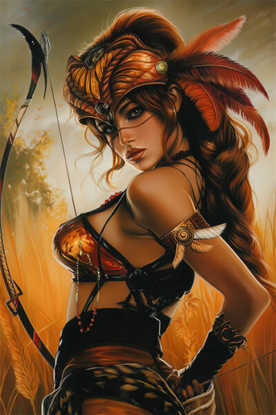 An Amazonian Warrior with long red hair, wearing a feathered headdress and warrior outfit, holds a bow in a field of tall grass under a golden sky. Fantasy art poster available in A1 to A4 sizes.