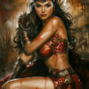 A woman in ornate red and gold armour with a crown sits, holding a sword. Marked by dirt and blood, she evokes a fierce Amazonian Warrior, as though she's just emerged from an intense battle. Fantasy art poster available in A1 to A4 sizes.