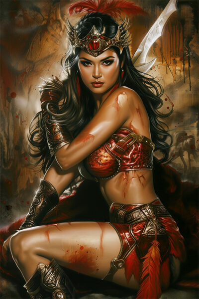 A woman in ornate red and gold armour with a crown sits, holding a sword. Marked by dirt and blood, she evokes a fierce Amazonian Warrior, as though she's just emerged from an intense battle. Fantasy art poster available in A1 to A4 sizes.