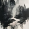 A lone figure walks along a misty path surrounded by tall trees, with towering rocky cliffs in the background and their reflections on a calm surface below. Wall art print available in A1 to A4 sizes.