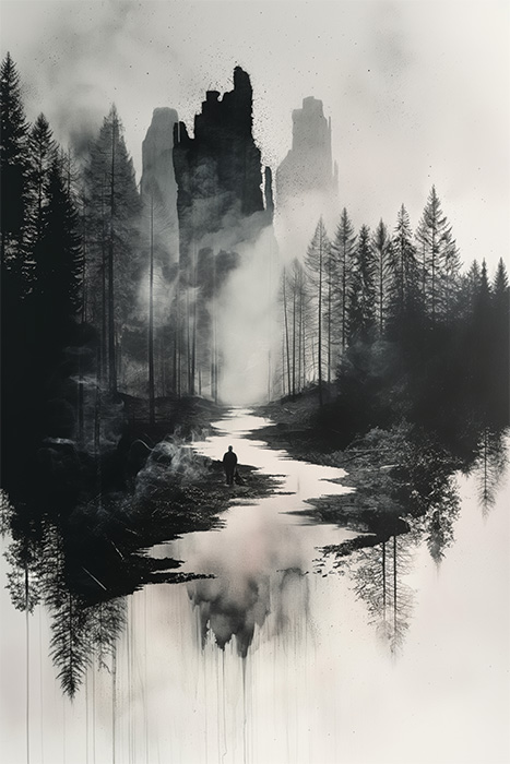 product-image-2-3 A lone figure walks along a misty path surrounded by tall trees, with towering rocky cliffs in the background and their reflections on a calm surface below. Wall art print available in A1 to A4 sizes.
