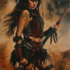 An Amazonian Warrior in feathered headdress and battle gear grips a large axe, standing strong against a smoky, dramatic background. Fantasy art poster available in A1 to A4 sizes.