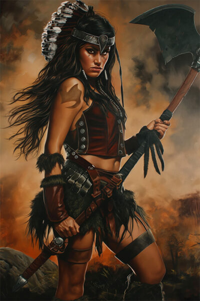 An Amazonian Warrior in feathered headdress and battle gear grips a large axe, standing strong against a smoky, dramatic background. Fantasy art poster available in A1 to A4 sizes.