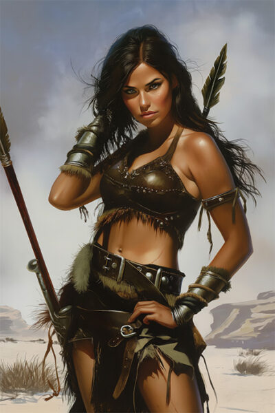A woman in leather and fur armour stands in a desert, holding a spear with arrows on her back, looking directly at the camera—an iconic Amazonian Warrior. Fantasy art poster available in A1 to A4 sizes.