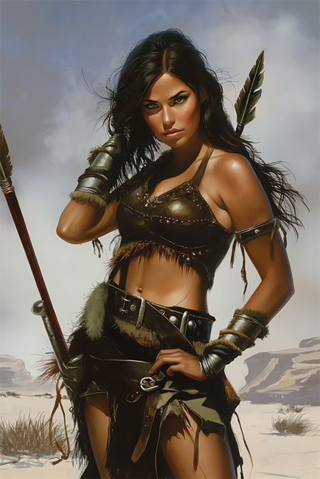 product-image-2-3 A woman in leather and fur armour stands in a desert, holding a spear with arrows on her back, looking directly at the camera—an iconic Amazonian Warrior. Fantasy art poster available in A1 to A4 sizes.