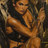 A woman dressed as an Amazonian warrior crouches in dense foliage, holding a rope and looking intently ahead. Feathers and braided fibres adorn her hair and outfit, capturing the fierce spirit of a warrior. Fantasy art poster available in A1 to A4 sizes.