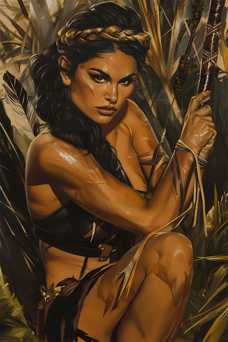 product-image-2-3 A woman dressed as an Amazonian warrior crouches in dense foliage, holding a rope and looking intently ahead. Feathers and braided fibres adorn her hair and outfit, capturing the fierce spirit of a warrior. Fantasy art poster available in A1 to A4 sizes.