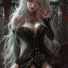 Anime-style Elven Vampire woman with long white hair and red eyes wearing a black gothic dress, sitting in a dark, ornate setting with glowing red accents. Fantasy art poster available in A1 to A4 sizes.