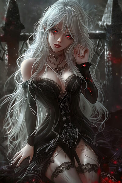 Anime-style Elven Vampire woman with long white hair and red eyes wearing a black gothic dress, sitting in a dark, ornate setting with glowing red accents. Fantasy art poster available in A1 to A4 sizes.