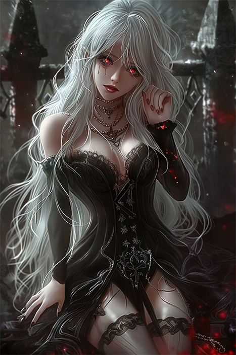 Anime-style Elven Vampire woman with long white hair and red eyes wearing a black gothic dress, sitting in a dark, ornate setting with glowing red accents. Fantasy art poster available in A1 to A4 sizes.