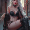A fantasy Elven Vampire woman with long white hair and pointed ears sits on a throne, wearing black armour-like lingerie and thigh-high boots, in a gothic room with stained glass windows—perfect for an Elven Vampire setting. Fantasy art poster available in A1 to A4 sizes.