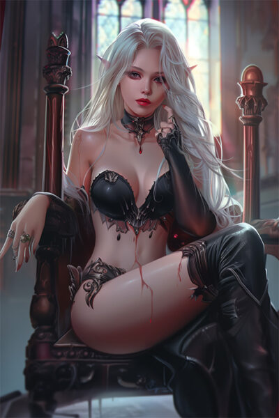 A fantasy Elven Vampire woman with long white hair and pointed ears sits on a throne, wearing black armour-like lingerie and thigh-high boots, in a gothic room with stained glass windows—perfect for an Elven Vampire setting. Fantasy art poster available in A1 to A4 sizes.