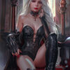 A woman with long white hair, pointed elf ears, and pale skin sits on a throne wearing black gothic armour and boots—an enigmatic Elven Vampire—in a dimly lit, ornate room with stained glass windows. Fantasy art poster available in A1 to A4 sizes.