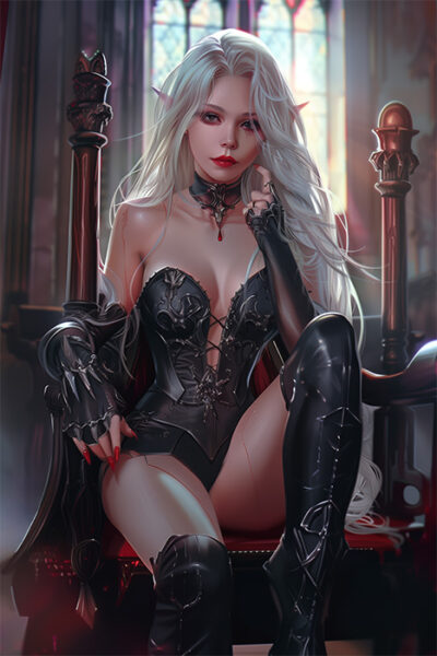 A woman with long white hair, pointed elf ears, and pale skin sits on a throne wearing black gothic armour and boots—an enigmatic Elven Vampire—in a dimly lit, ornate room with stained glass windows. Fantasy art poster available in A1 to A4 sizes.