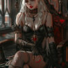 A white-haired Elven Vampire with pointed ears and dark gothic attire sits on a throne-like chair, surrounded by lit candles in a dimly lit room. Fantasy art poster available in A1 to A4 sizes.