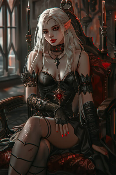 A white-haired Elven Vampire with pointed ears and dark gothic attire sits on a throne-like chair, surrounded by lit candles in a dimly lit room. Fantasy art poster available in A1 to A4 sizes.