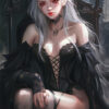 A fantasy illustration of an Elven Vampire with pale skin, long white hair, pointed ears, and red eyes, wearing black gothic attire, seated on a dark ornate chair in a dimly lit room—perfect for a fantasy novel cover. Fantasy art poster available in A1 to A4 sizes.