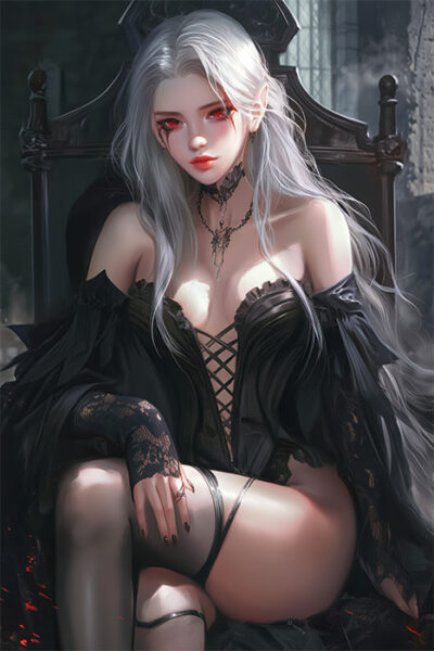 A fantasy illustration of an Elven Vampire with pale skin, long white hair, pointed ears, and red eyes, wearing black gothic attire, seated on a dark ornate chair in a dimly lit room—perfect for a fantasy novel cover. Fantasy art poster available in A1 to A4 sizes.