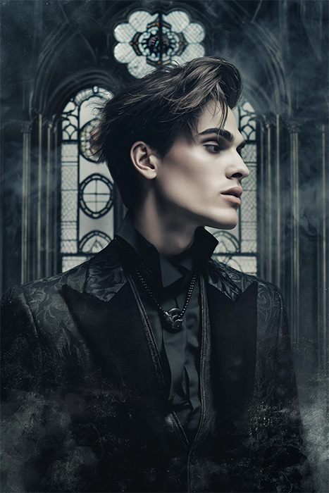 product-image-2-3 A male vampire in a dark, ornate suit stands in front of gothic-style stained glass windows, looking to the side with a serious expression. Fantasy art poster available in A1 to A4 sizes.