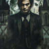 A pale, dark-haired male vampire in Gothic formal attire stands in front of a cathedral at night with a large full moon in the background and mist in the foreground. Fantasy art poster available in A1 to A4 sizes.
