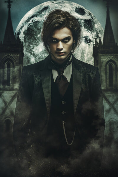A pale, dark-haired male vampire in Gothic formal attire stands in front of a cathedral at night with a large full moon in the background and mist in the foreground. Fantasy art poster available in A1 to A4 sizes.