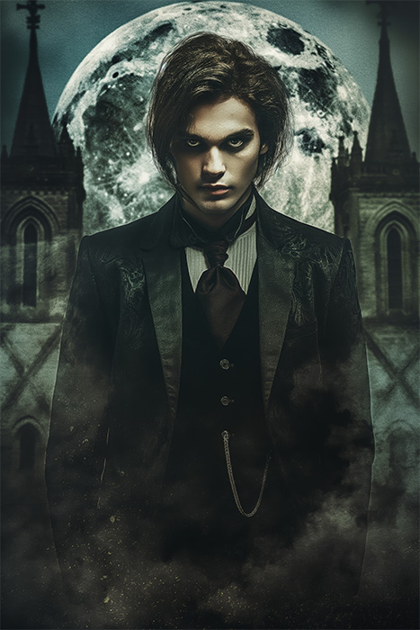 A pale, dark-haired male vampire in Gothic formal attire stands in front of a cathedral at night with a large full moon in the background and mist in the foreground. Fantasy art poster available in A1 to A4 sizes.
