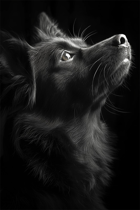 Black and white close-up photo of a dog with upright ears, gazing upward, illuminated from the side against a dark background. Dog print available in A1 to A4 sizes.