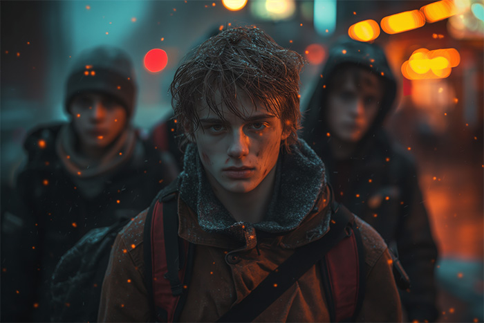 product-image-3-2 Three young people in hooded jackets stand outdoors at night with city lights and glowing embers in the air. The central figure has a serious expression. Cinematic-style teen attitude poster available in A1 to A4 sizes.