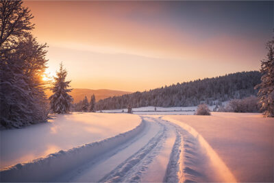 A snow-covered path winds through a field with trees on either side under a colourful sunrise or sunset sky. Nature and landscape print available in A1 to A4 sizes.