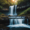 product-image-3-2 A waterfall cascades over a rocky cliff into a river, surrounded by lush green foliage, with sunlight filtering through the trees above. Nature and landscape print available in A1 to A4 sizes.