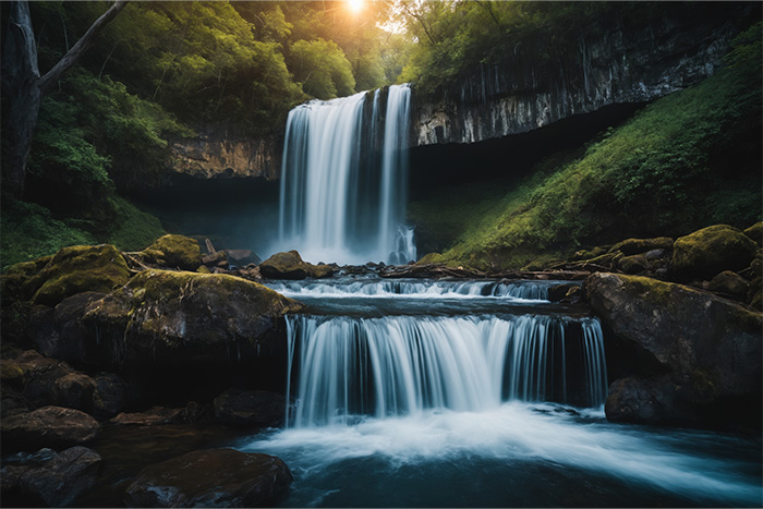 product-image-3-2 A waterfall cascades over a rocky cliff into a river, surrounded by lush green foliage, with sunlight filtering through the trees above. Nature and landscape print available in A1 to A4 sizes.