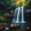 A waterfall cascades over a rock ledge into a calm pool, surrounded by lush green foliage and large rocks. Nature and landscape print available in A1 to A4 sizes.