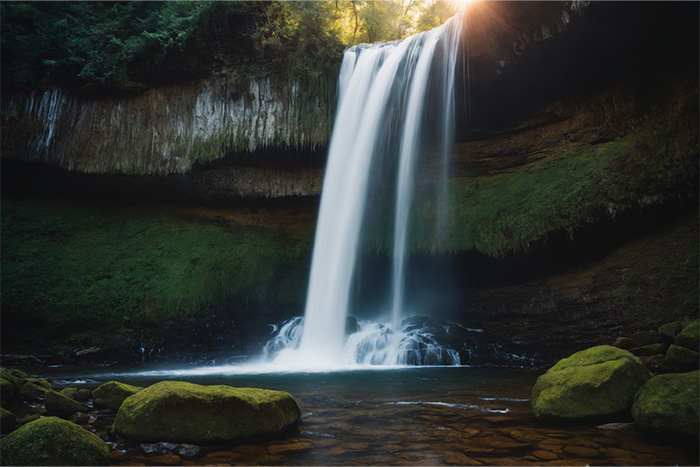 product-image-3-2 A tall waterfall cascades over a rocky cliff into a pool below, surrounded by moss-covered rocks and lush green vegetation. Sunlight shines through the trees above. Nature and landscape print available in A1 to A4 sizes.