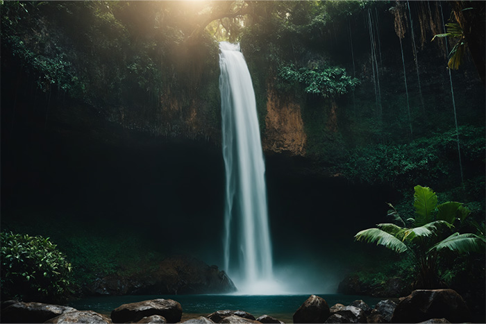 product-image-3-2 Tall waterfall cascading into a pool surrounded by lush green vegetation, rocks in the foreground, and sunlight filtering through trees above. Nature and landscape print available in A1 to A4 sizes.