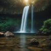 Waterfall flows into a clear pool surrounded by rocks and lush green foliage, with sunlight filtering through trees above. Nature and landscape print available in A1 to A4 sizes.
