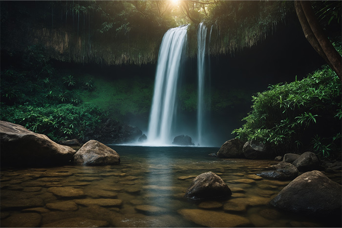 product-image-3-2 Waterfall flows into a clear pool surrounded by rocks and lush green foliage, with sunlight filtering through trees above. Nature and landscape print available in A1 to A4 sizes.
