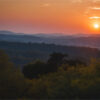 A sunset over rolling hills with the sun low in the sky, casting an orange glow over the landscape and silhouetted trees in the foreground. Nature and landscape print available in A1 to A4 sizes.