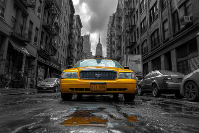 A yellow taxi is parked on a wet city street, surrounded by tall, monochrome buildings under a cloudy sky. New York taxi print available in A1 to A4 sizes.
