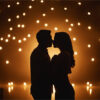 product-image-3-2 Silhouette of a couple about to kiss, standing close together against a backdrop of numerous glowing lights in the dark. Romantic wall art print available in A1 to A4 sizes.