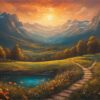 A winding path leads through a meadow with wildflowers, trees, and a small pond, set against mountains and a colourful sunset sky in the heart of an Enchanted Kingdom. Fantasy art poster available in A1 to A4 sizes.