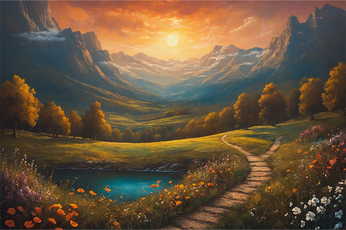 product-image-3-2 A winding path leads through a meadow with wildflowers, trees, and a small pond, set against mountains and a colourful sunset sky in the heart of an Enchanted Kingdom. Fantasy art poster available in A1 to A4 sizes.