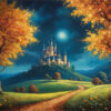A winding path leads through an autumn landscape toward an enchanted castle atop a hill, its windows illuminated under a full moon and starry night sky. Fantasy art poster available in A1 to A4 sizes.
