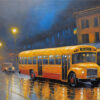 A yellow school bus drives down a wet city street at night, with streetlights reflecting on the pavement and people standing on the sidewalk. Wall art print available in A1 to A4 sizes.