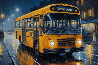 product-image-3-2 A yellow city bus labeled Midwood drives on a wet street at night, with reflections on the pavement and buildings in the background. Wall art print available in A1 to A4 sizes.