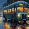 A vintage green bus labeled New Brighton drives on wet city streets at night, with illuminated windows and reflections on the pavement. Wall art print available in A1 to A4 sizes.