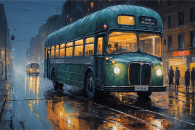 A vintage green bus labeled New Brighton drives on wet city streets at night, with illuminated windows and reflections on the pavement. Wall art print available in A1 to A4 sizes.